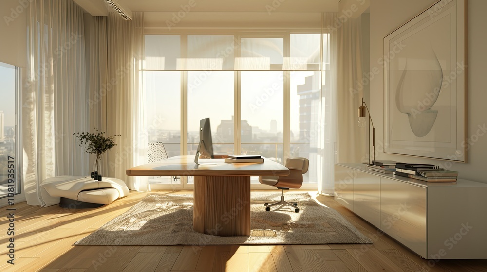 Poster 3d rendering of contemporary office space with minimalist desk and bright windows