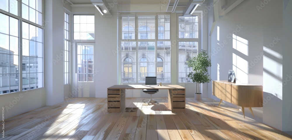 Poster 3d rendering of contemporary office space with minimalist desk and bright windows