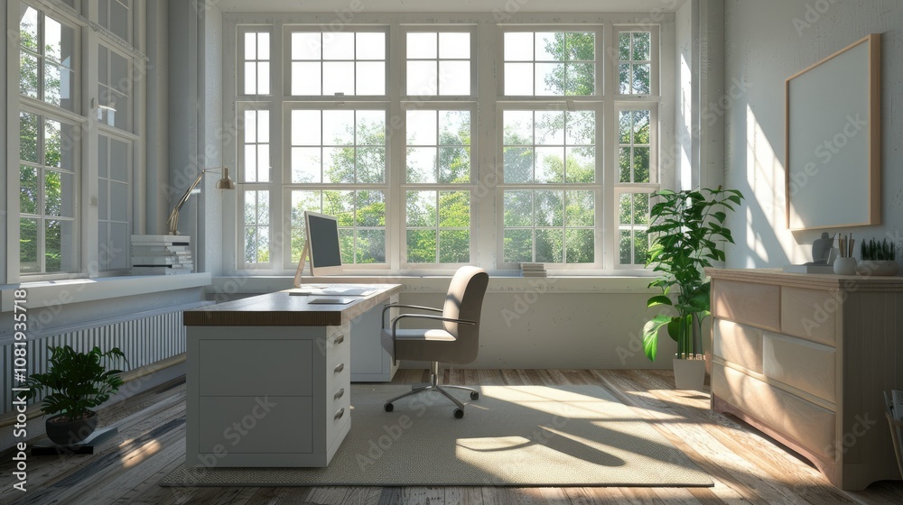 Poster 3d rendering of contemporary office space with minimalist desk and bright windows