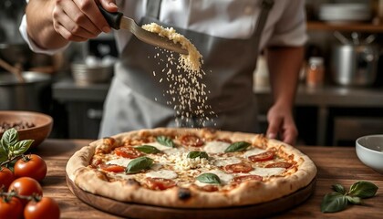 Professional chef sprinkling grated parmesan cheese over homemade Margherita pizza with fresh basil leaves and tomatoes, atmospheric restaurant kitchen scene