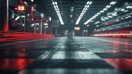 Indoor training facility features dramatic red lighting effects reflecting off polished floor, creating futuristic atmosphere.