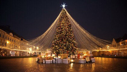 huge Christmas tree with bright lights and presents