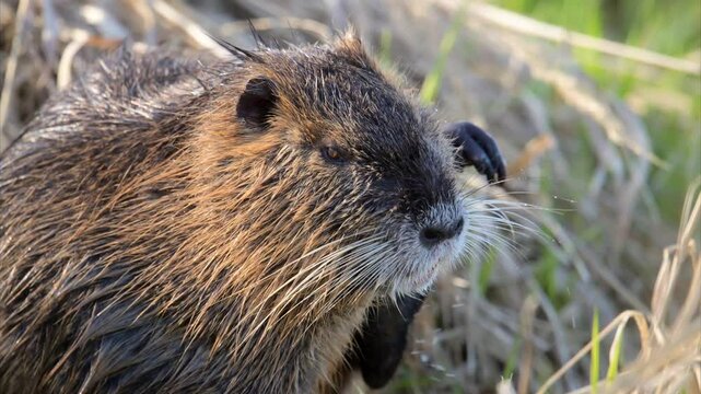 nutria grooming its coat after a bath