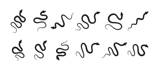 Black silhouette snake icon set. Isolated snake symbol on white background. Abstract snake sign