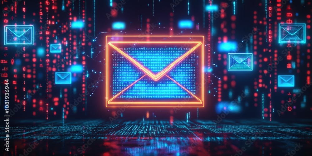 Poster futuristic digital communication concept with an envelope surrounded by neon lights and binary code 