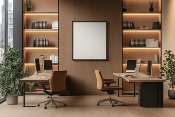 Empty Poster Frame Mockup in Modern Office with Desks, Computers, Bookshelves, and Large Windows with City View