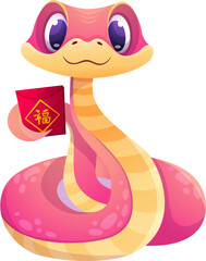 Fototapeta premium Cartoon snake character with cheerful expression, gifts, santa hat. Chinese 2025 New Year symbol. Cartoon vector illustration isolated on transperent background