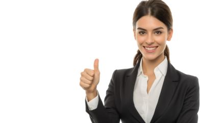 png of a confident woman in a suit, smiling and giving a thumbs up, representing a professional and happy businesswoman, exuding confidence in a formal business setting