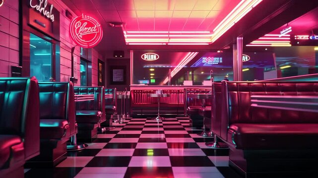 Retro diner interior with neon lights at night