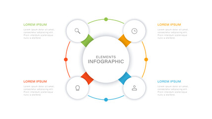 Circular diagram with 4 round elements placed around center. Concept of four stages of cyclic business process. Minimal infographic design template with icons