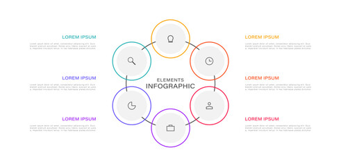 Circular scheme with 6 round white elements. Concept of cyclic business process with 6 stages. Minimal infographic design template.