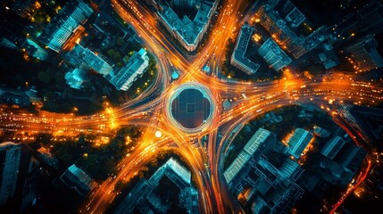 Night-time drone shot of illuminated traffic roundabout creating circular light trails in orange and blue.