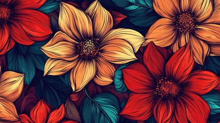 A vibrant array of orange and red flowers against a dark background, showcasing intricate petal details and lush green leaves.