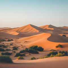 Fototapeta premium Serene Dune Landscape at Sunset, Showcasing Golden Sand, Gentle Shadows, and Lush Greenery in a Tranquil Desert Scene