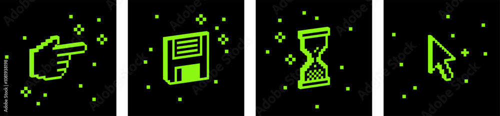 Poster cursor. 3d pixel elements. hand click cursor. mouse arrow pointer icon. diskette, floppy disk. y2k t