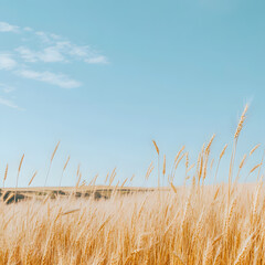 Obraz premium Golden Wheat Field Under a Clear Blue Sky with Fluffy Clouds in a Calm Summer Landscape Capturing the Beauty of Nature and Agriculture, Ideal for Commercial Use