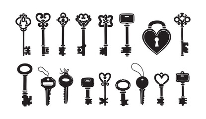 Hand drawn silhouette Keys. Doodle various vintage, modern and cute isolated keys. Different types, sizes.