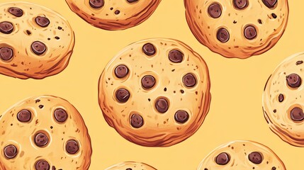 Obraz premium Delicious chocolate chip cookies on a bright yellow background, perfect for creating a cheerful mood.