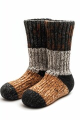Two wool socks with black, brown, and white stripes.
