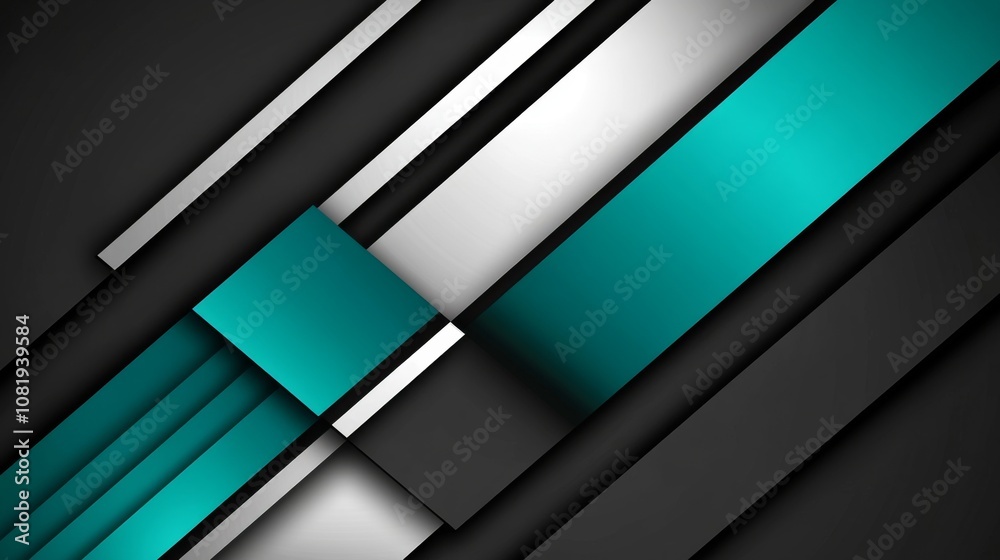 Fototapete abstract background with vibrant teal and silver geometric shapes layered on black, creating a moder