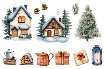 Christmas cozy big set  elements watercolor 300 dpi,christmas and new year. Firewood, kettle, christmas house, winter, tree, lantern, gifts, fir branch
