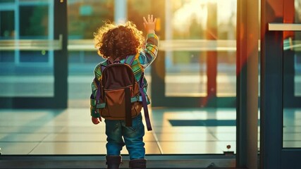 A young child waves goodbye while leaving a bright building with a backpack during late afternoon