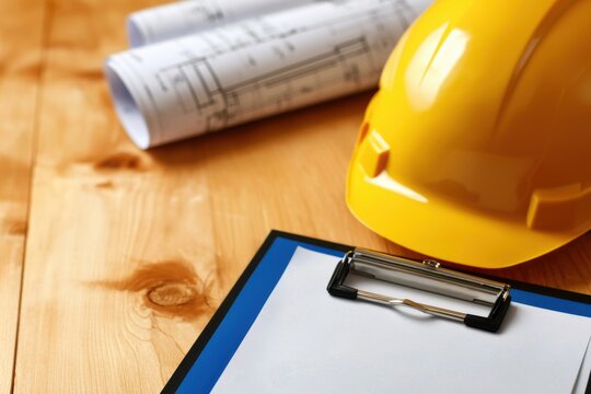 Commercial construction permits on clipboard with helmet office photo indoor close-up perspective