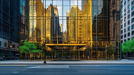 Glass Facade Reflecting Cityscape at Sunset