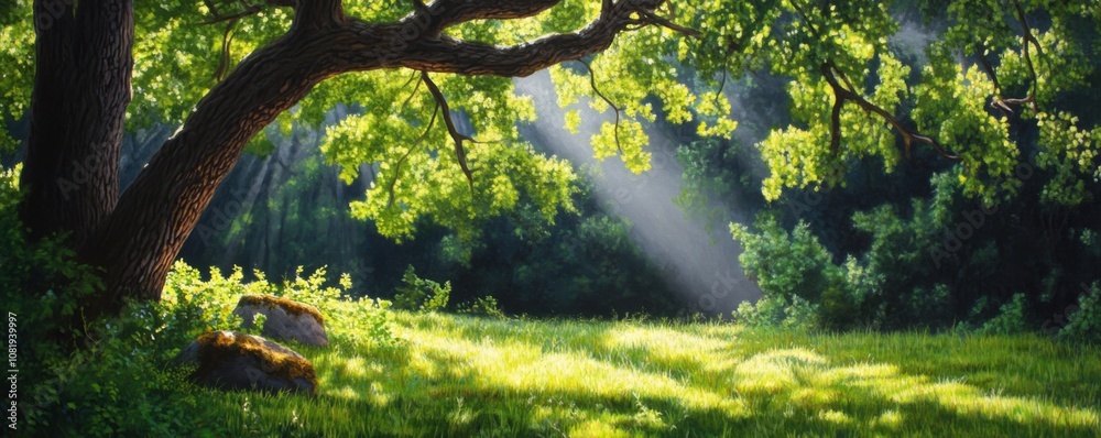 Poster sunlight filtering through lush green leaves serene forest clearing nature scene tranquil environmen