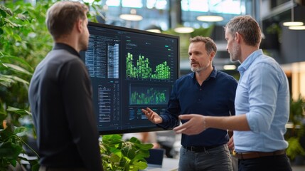 Business meeting on data analysis modern office digital display collaborative environment professional perspective data insights