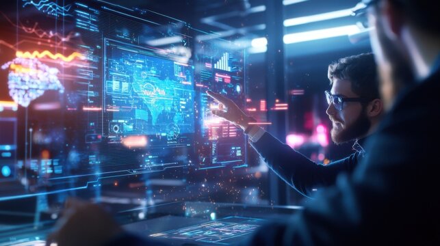 Digital collaboration enhancements innovative business strategies futuristic technology modern office environment close-up perspective data analytics and visualization