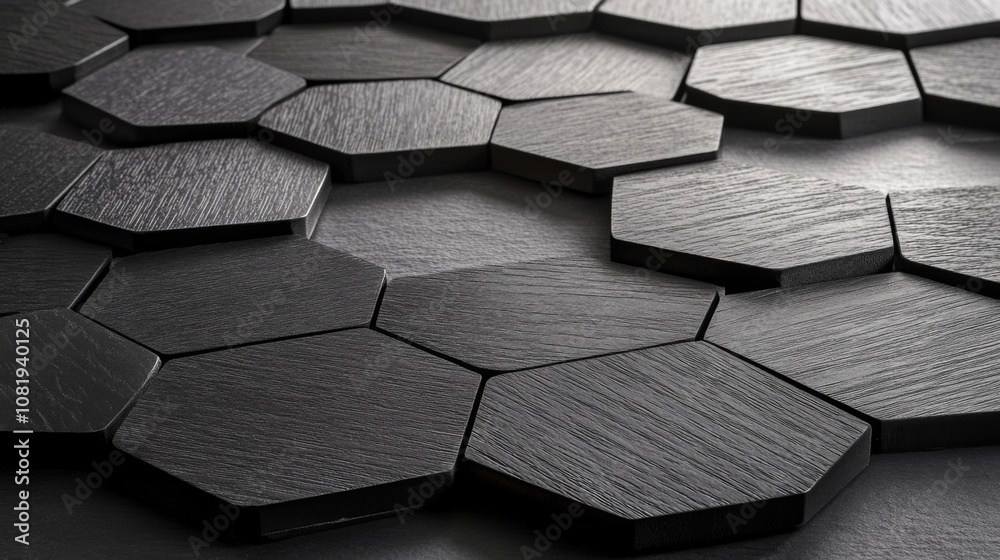 Poster Contemporary Abstract Background with Hexagonal Black Wooden Tiles Arranged in a Geometric Pattern for Creative Interior Design and Modern Aesthetic Appeal