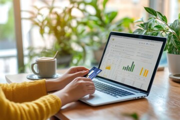Online shopping action with credit card home office digital finance analysis cozy environment close-up viewpoint e-commerce concept