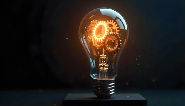 A glowing light bulb with intricate gears and cogs visible inside, representing the inner workings and mechanics of an idea or innovation