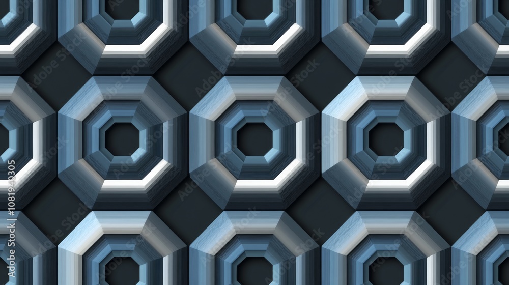 Poster geometric abstract pattern displaying layered hexagonal shapes in shades of blue, gray, and white cr