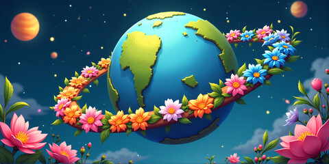 Colorful illustration of the Earth surrounded by a flower wreath on a starry background