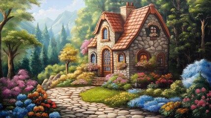 Obraz premium small house in spring forest with beautiful flower garden in front of the house, cute cartoon illustration