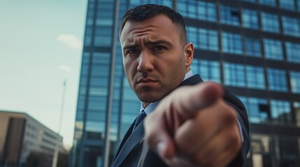 Fototapeta premium Confident Businessman Pointing at Camera in Urban Setting, Emphasizing Leadership and Authority Amidst Modern Architecture and Office Buildings