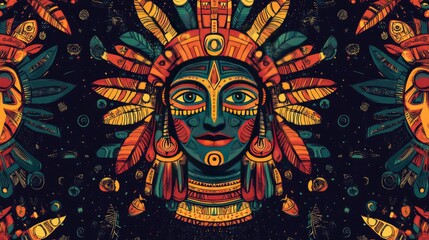 Obraz premium Vibrant artwork featuring a female figure with traditional tribal attire and colorful feathered headdress.