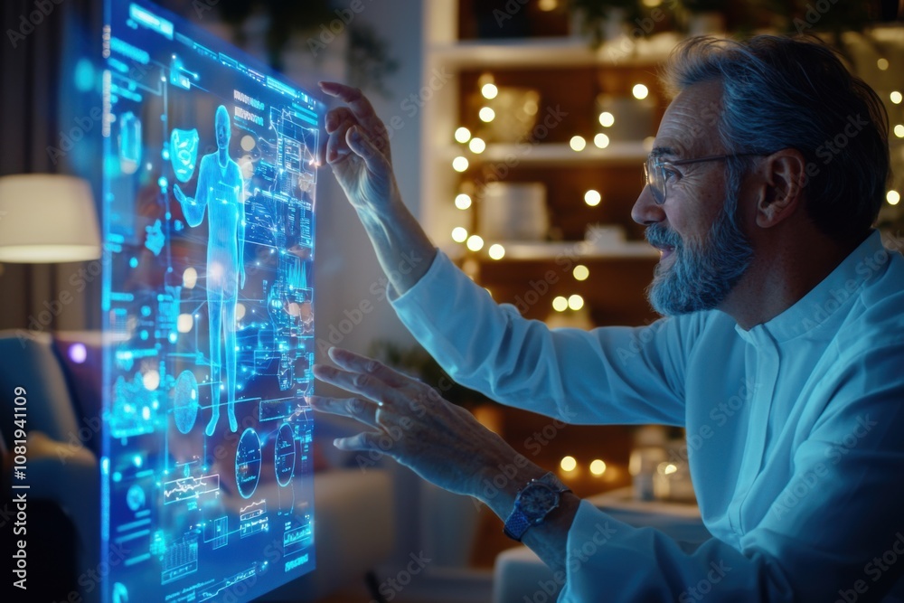 Poster innovative technology demonstration home office interactive display cozy environment close-up view f