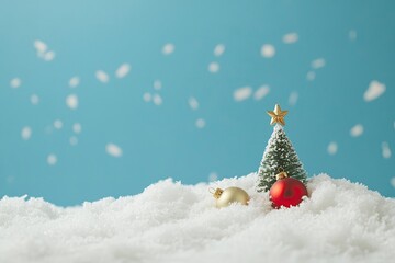 Christmas tree decoration toys lying on artificial snow on blue background with copyspace with generative ai