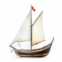 Obraz premium Ornate wooden sailboat with red flag.