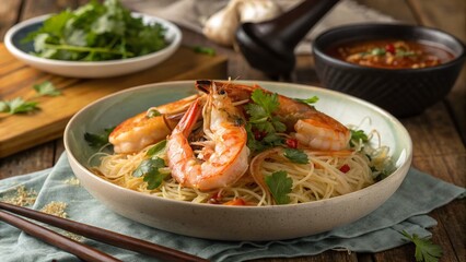 Steamed Shrimp with Vermicelli and Seasoning Served in a Vibrant Bowl, Showcasing Fresh Ingredients, Garnishes, and a Tempting Sauce for a Delicious Seafood Dish