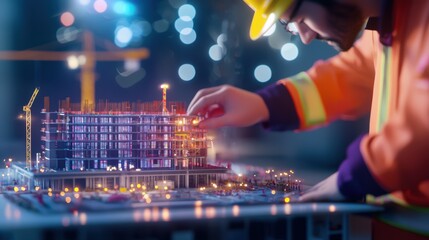 Construction worker using digital twin technology urban site 3d model night close-up innovation in building