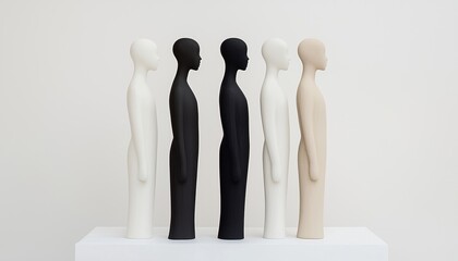 Obraz premium A minimalist sculpture featuring five human-like figures in various skin tones arranged in a row on a display.