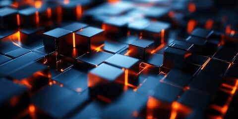 Fototapeta premium Abstract Background with Glowing Cubes and Modern Technology Elements in a Dark Environment, Perfect for Futuristic Designs and Digital Content Creation