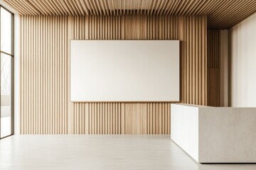 Modern Office with White Concrete Floor, Light Wood Walls, and Blank Screen Mockup Above Conference Table