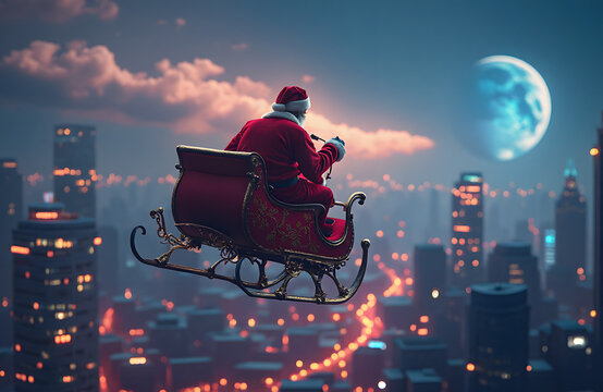 Santa's sleigh flying over a futuristic city, bright neon lights, evening sky.
- Powered by Adobe