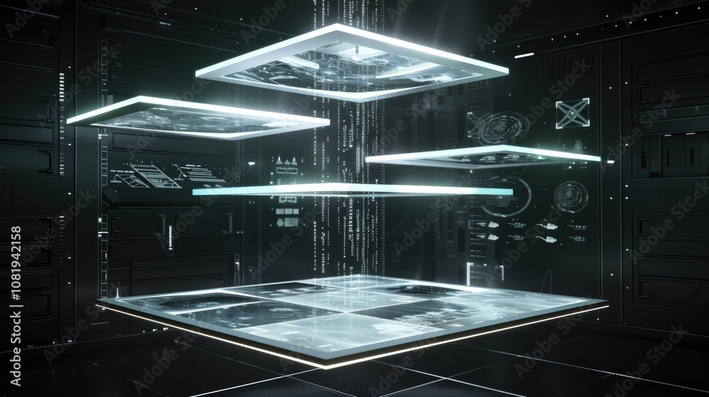 Poster floating holographic interfaces in a dark room