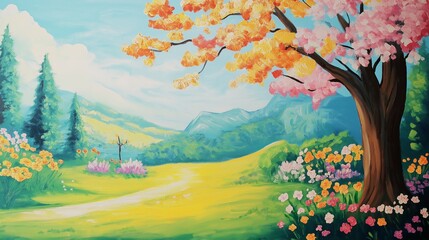 cute cartoon illustration, enchanted whimsical flower blossom forest trail with flowers and sunlight 